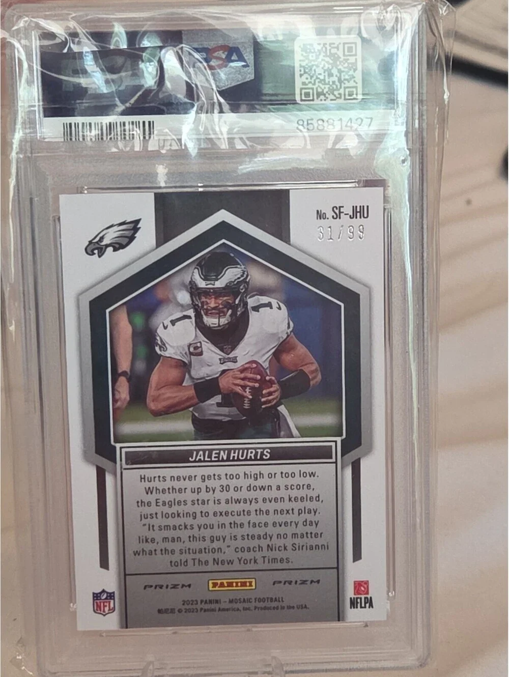 2023 Panini Mosaic Jalen Hurts Straight Fire Blue Prizm 31/99 PSA 10 GEM MINT